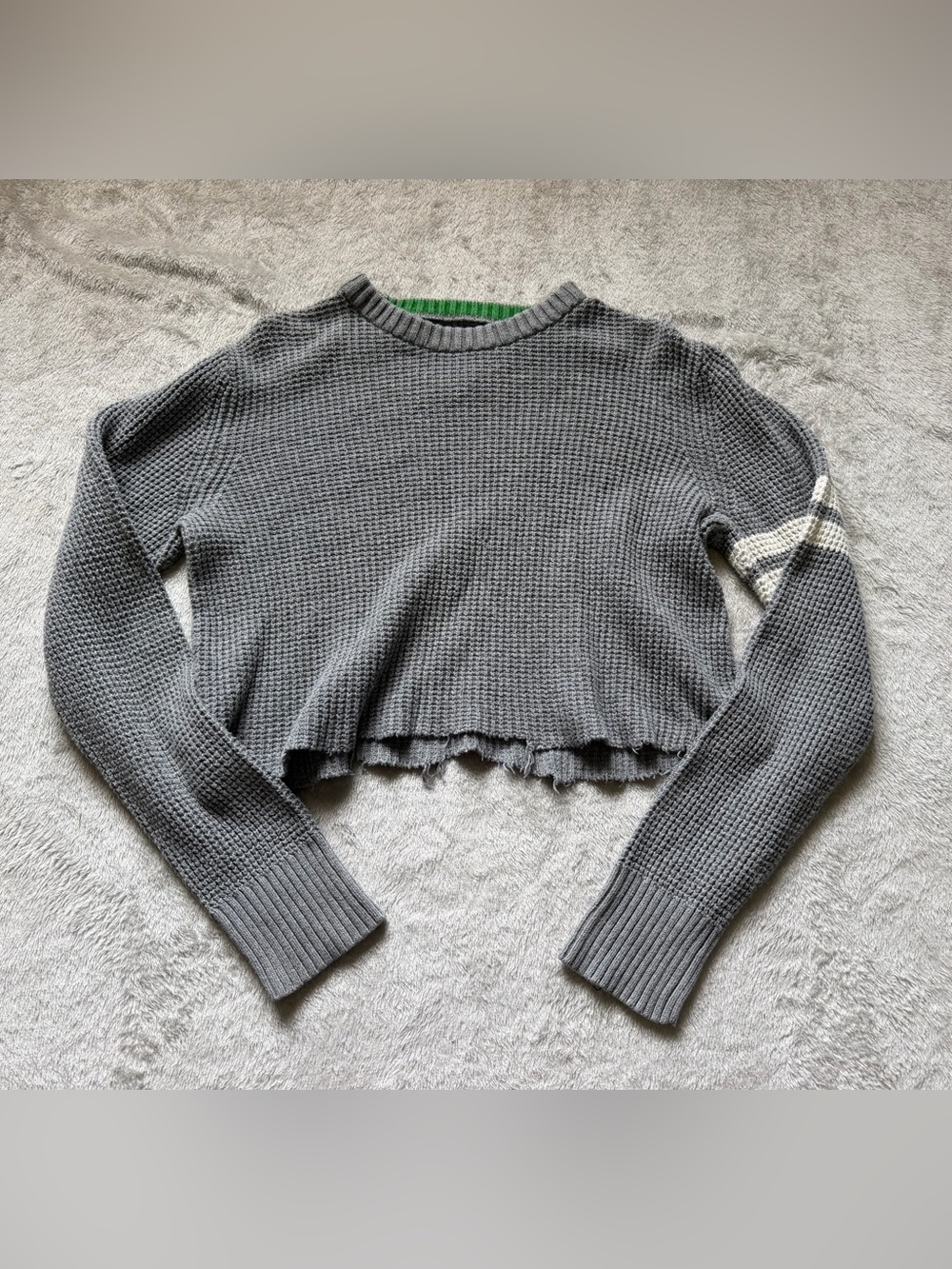 American Eagle Outfitters Gray Cropped Waffle Knit Sweater with Cream Arm Stripe